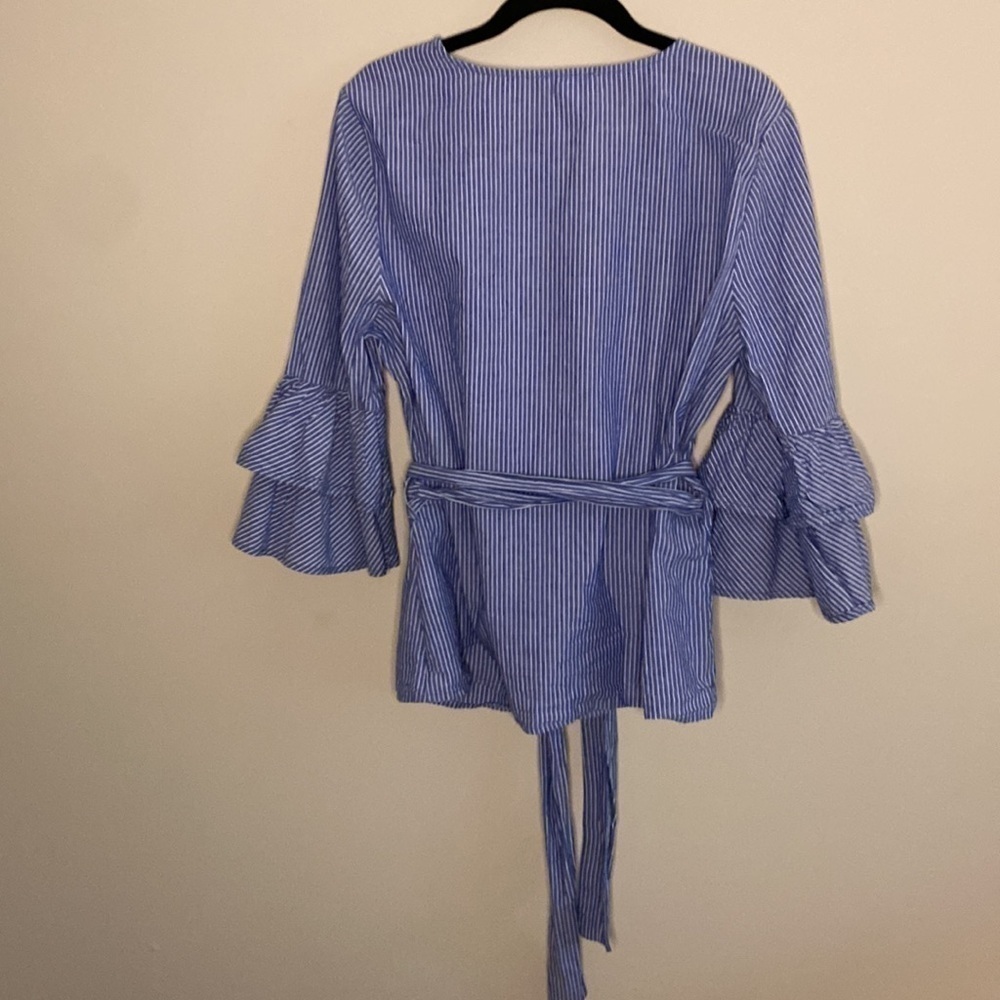 BEACH Lunch Lounge Collection Cotton Faux Wrap Shirt SzM Blue White Pin Stripe - Picture 7 of 16